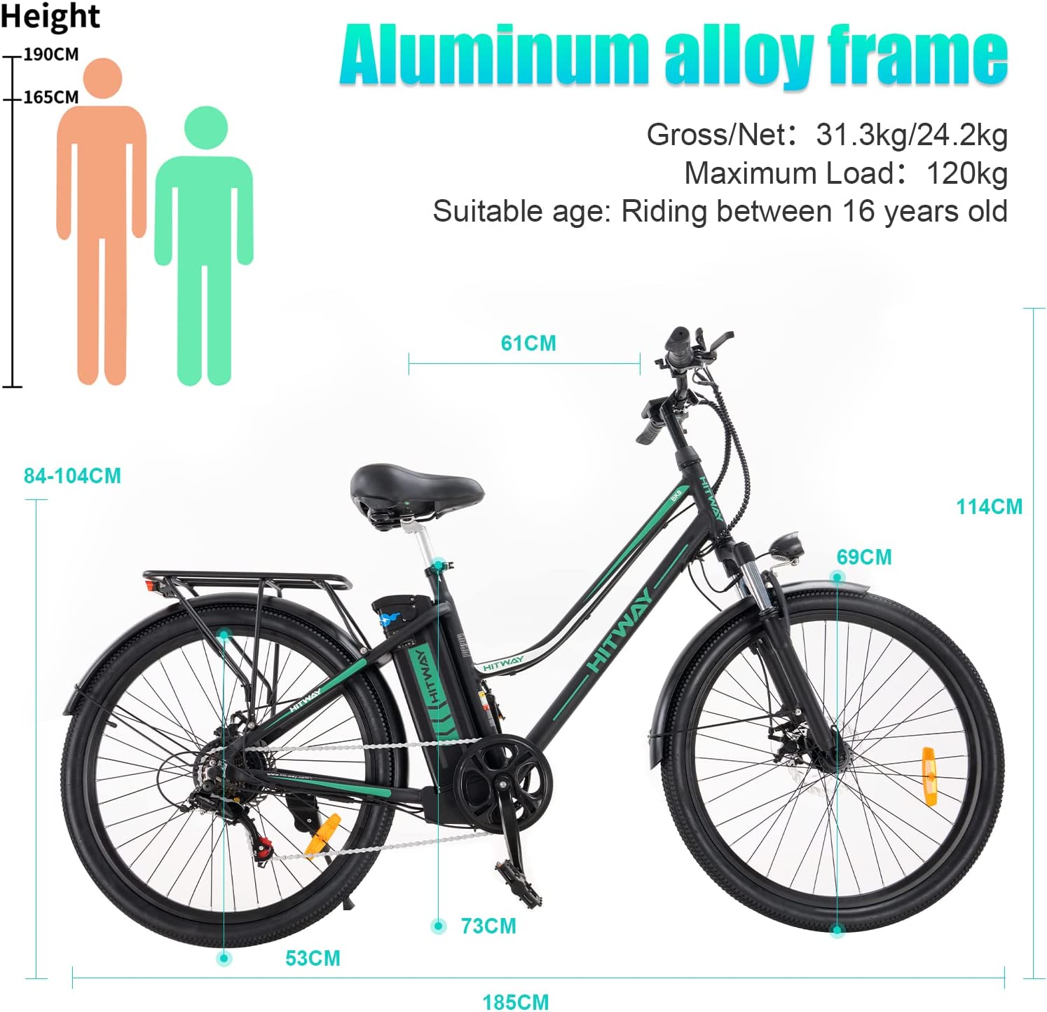 HITWAY 26” Vélo électrique,Vélo à assistance Shimano 7 Vitesses,E-Bike avec  Batterie au Lithium Amovible 36V 11,2AH Ebike Noir - CARON SPORT